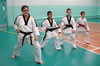 Walking stance, low block (Gunnun sogi,  bakat palmok maki).